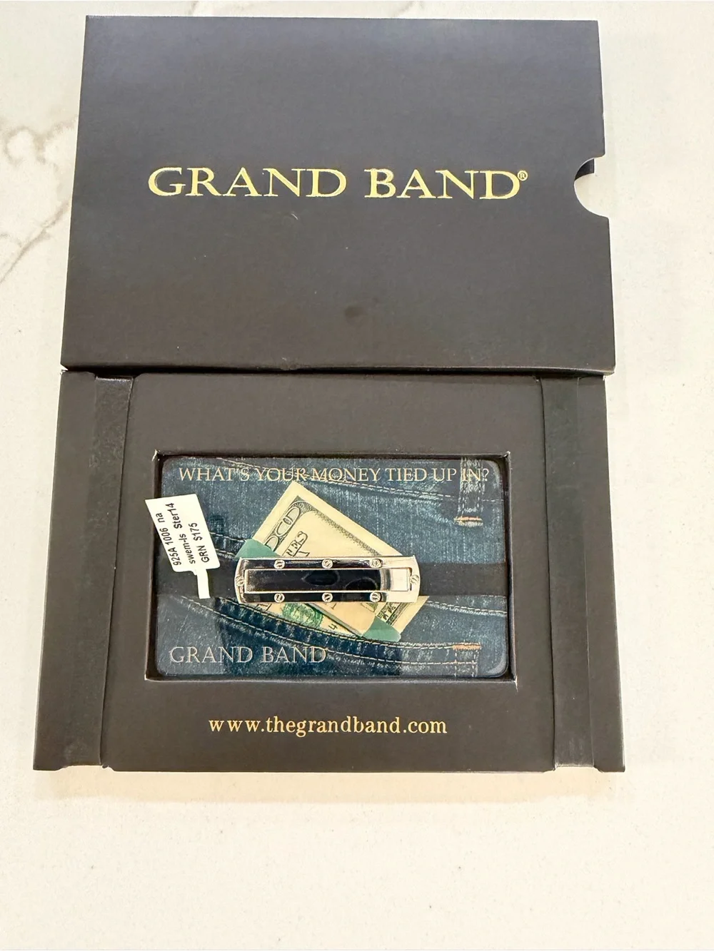Grand Band Sterling Silver 925 Money Clip Wallet with Black strap